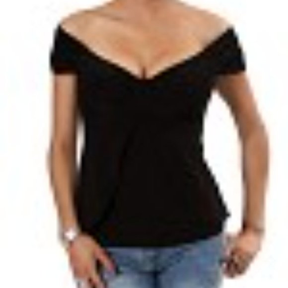 Form-Fitting Black Cap Sleeve Peasant Top Winged Low-Cut Empire Waist S XS - Picture 1 of 3